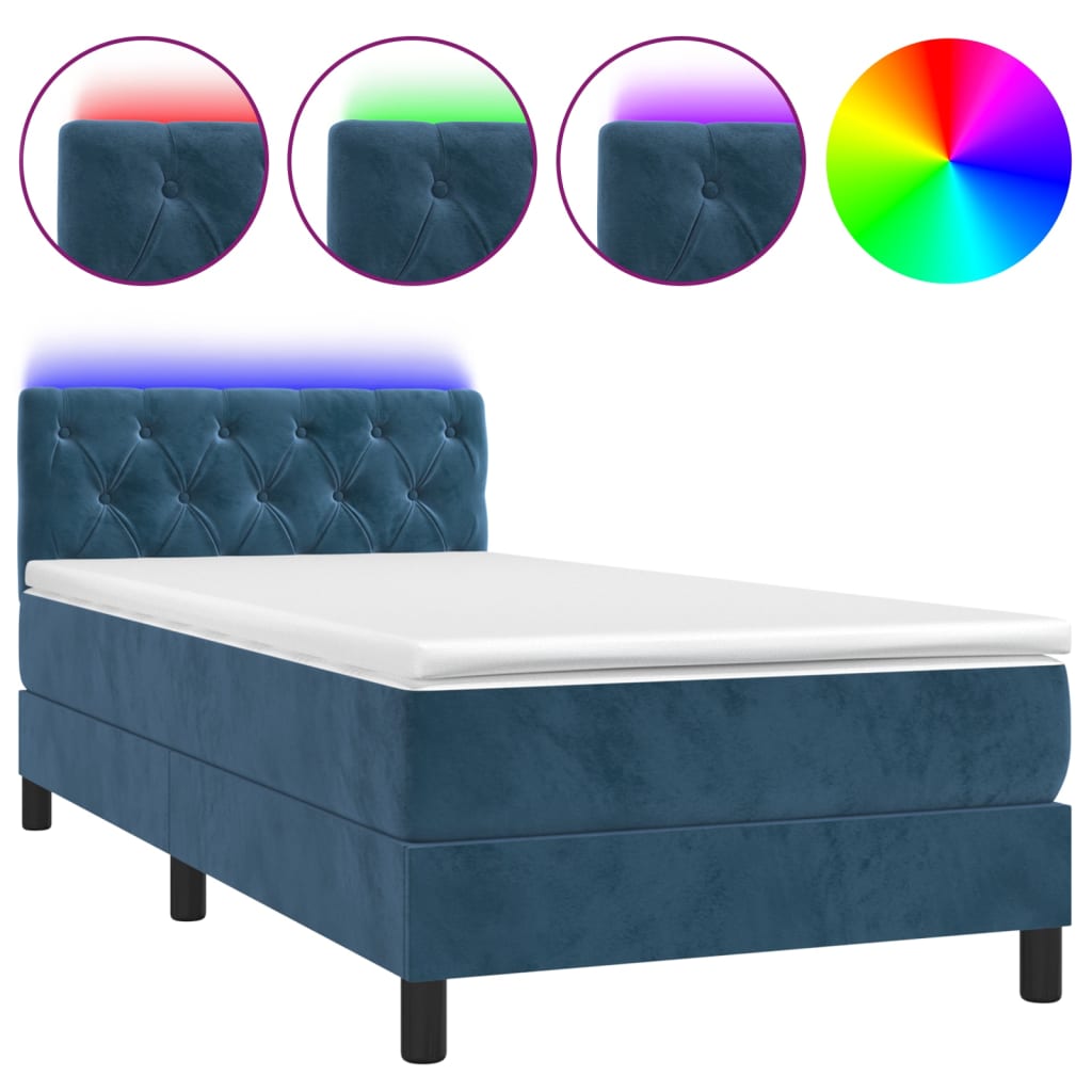 Cama box spring colchón y led terciopelo azul oscuro 80x200 cm diseño de botones
