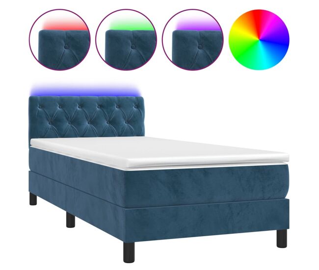 Cama box spring colchón y led terciopelo azul oscuro 80x200 cm diseño de botones