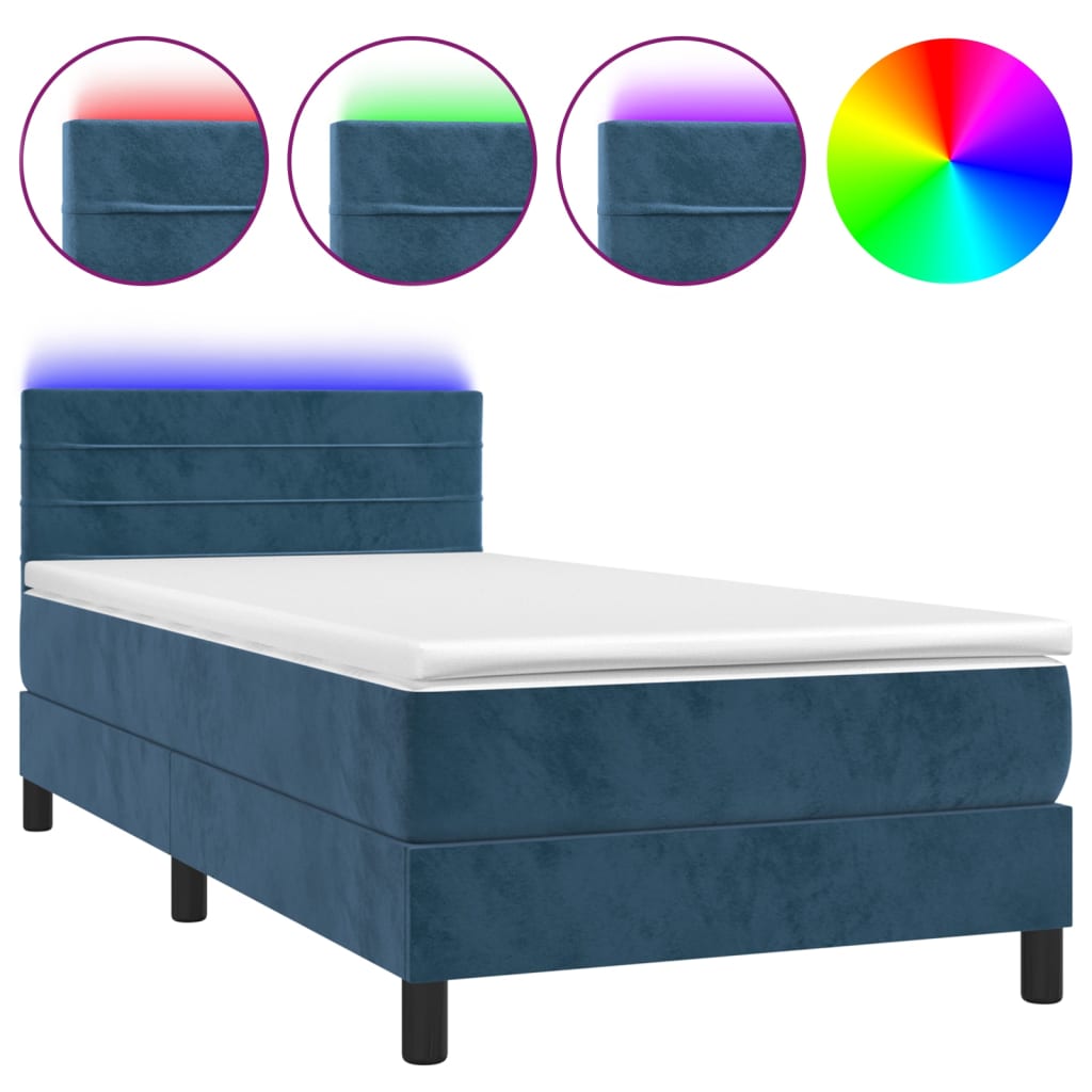 Cama box spring colchón y led terciopelo azul oscuro 90x200 cm rayas horizontales