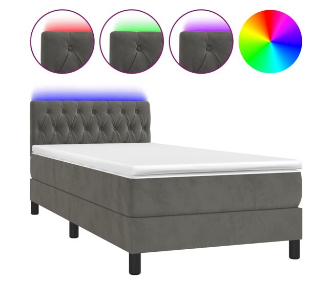 Cama box spring colchón y led terciopelo gris oscuro 90x190 cm diseño de botones