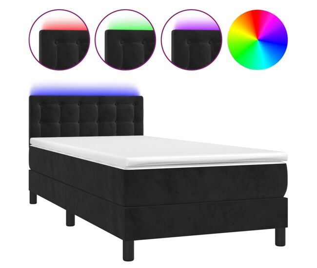 Cama box spring colchón y led terciopelo negro 80x200 cm botones