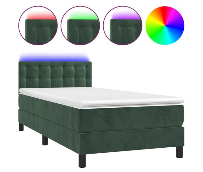 Cama box spring colchón y led terciopelo verde oscuro 100x200cm botones