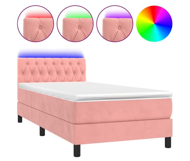 Cama box spring colchón y led terciopelo rosa 90x190 cm diseño de botones