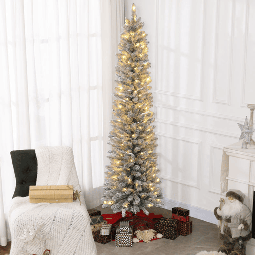 HOMCOM Árvore de Natal 210 cm Árvore de Natal Artificial Nevada com 180 Luzes LED 405 Ramos e Suporte de Metal Árvore de Natal para Sala de Estar Verde e Branco
