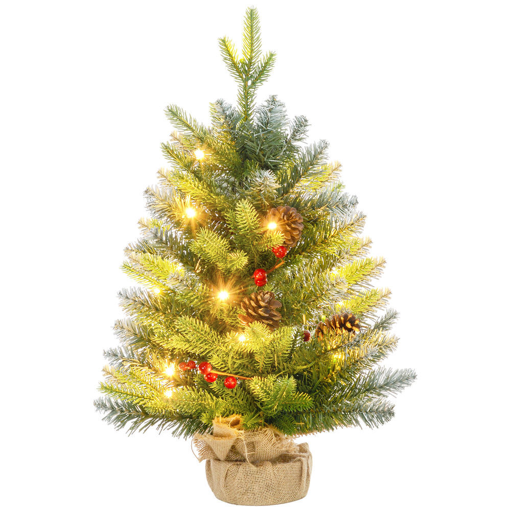 Homcom árbol de navidad 60 cm árbol de navidad artificial sobremesa con 20 luces led 141 ramas 5 piñas 5 racimos de bayas rojas y soporte de metal árbol navideño para interior verde