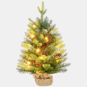 HOMCOM Árvore de Natal 60 cm Árvore de Natal Artificial de Mesa com 20 Luzes LED 141 Ramos 5 Pinhas 5 Bagas Vermelhas e Suporte de Metal Árvore Natalícia para Interior Verde