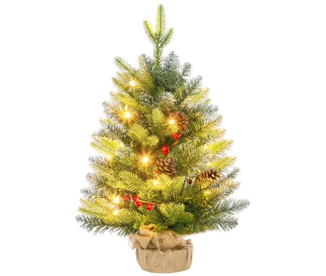 Homcom árbol de navidad 60 cm árbol de navidad artificial sobremesa con 20 luces led 141 ramas 5 piñas 5 racimos de bayas rojas y soporte de metal