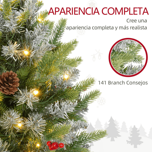 HOMCOM Árvore de Natal 60 cm Árvore de Natal Artificial de Mesa com 20 Luzes LED 141 Ramos 5 Pinhas 5 Bagas Vermelhas e Suporte de Metal Árvore Natalícia para Interior Verde