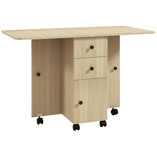 HOMCOM Mesa de Jantar Dobrável com Rodas Mesa Abatível com 2 Gavetas e Armário Mesa Auxiliar Multifuncional para Estúdio Cozinha 120x60x76,5 cm Madeira