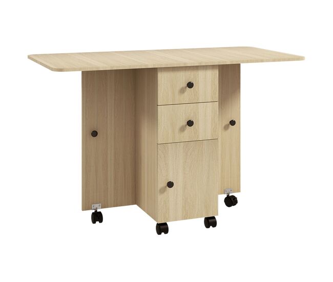 Homcom mesa plegable de comedor, mesa de cocina plegable, con ruedas, alas abatibles, 2 cajones, estante y armario, hasta 6 personas, para salón, espacio pequeño, 120x60x76,5 cm, natural