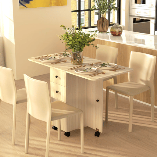 HOMCOM Mesa de Jantar Dobrável com Rodas Mesa Abatível com 2 Gavetas e Armário Mesa Auxiliar Multifuncional para Estúdio Cozinha 120x60x76,5 cm Madeira