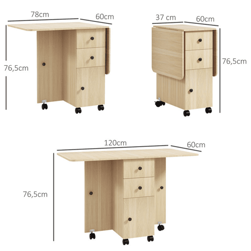 HOMCOM Mesa de Jantar Dobrável com Rodas Mesa Abatível com 2 Gavetas e Armário Mesa Auxiliar Multifuncional para Estúdio Cozinha 120x60x76,5 cm Madeira