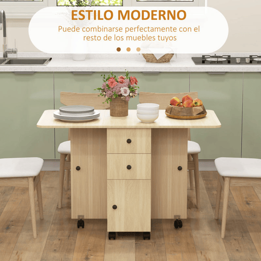 HOMCOM Mesa de Jantar Dobrável com Rodas Mesa Abatível com 2 Gavetas e Armário Mesa Auxiliar Multifuncional para Estúdio Cozinha 120x60x76,5 cm Madeira