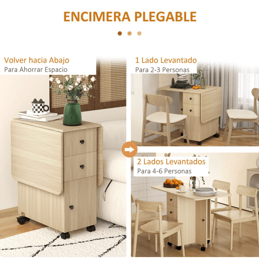 HOMCOM Mesa de Jantar Dobrável com Rodas Mesa Abatível com 2 Gavetas e Armário Mesa Auxiliar Multifuncional para Estúdio Cozinha 120x60x76,5 cm Madeira