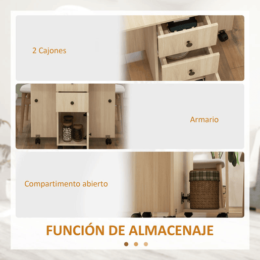 HOMCOM Mesa de Jantar Dobrável com Rodas Mesa Abatível com 2 Gavetas e Armário Mesa Auxiliar Multifuncional para Estúdio Cozinha 120x60x76,5 cm Madeira