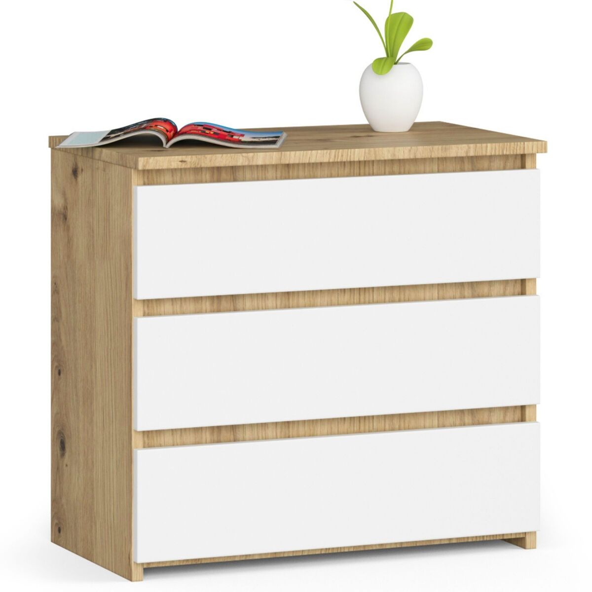Mesita de noche akord cl3 roble artisan 60 cm 3 cajones frente en color blanco 60x35x57 cm