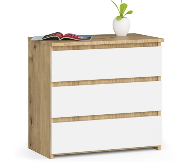 Mesita de noche akord cl3 roble artisan 60 cm 3 cajones frente en color blanco 60x35x57 cm