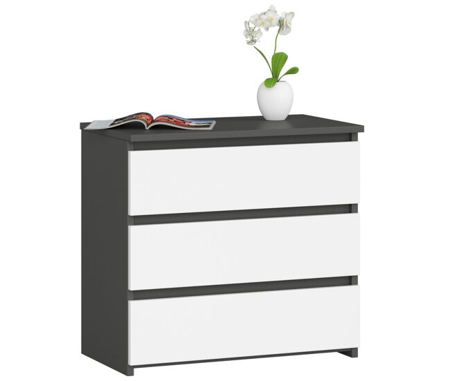 Mesita de noche akord cl3 grafito gris 60 cm 3 cajones frente en color blanco 60x35x57 cm