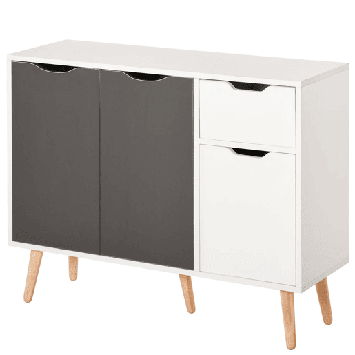 HOMCOM Aparador Móvel Auxiliar de Armazenamento com 2 Armários de Porta Gaveta Pés de Madeira para Sala de Estar Cozinha Dormitório 90x30x72 cm Cinza e Branco