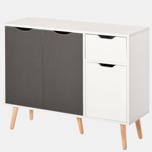 HOMCOM Aparador Móvel Auxiliar de Armazenamento com 2 Armários de Porta Gaveta Pés de Madeira para Sala de Estar Cozinha Dormitório 90x30x72 cm Cinza e Branco