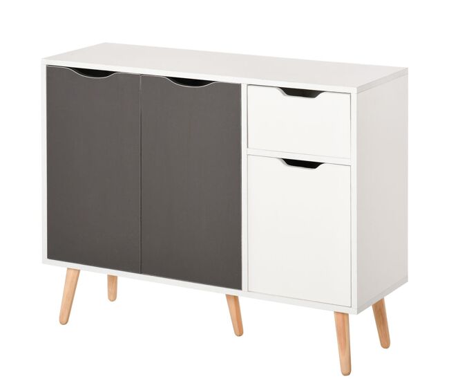 Homcom aparador moderno aparador para salón con 3 puertas y cajón mueble auxiliar para salón cocina dormitorio 90x30x72 cm blanco y gris