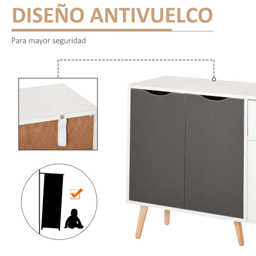 HOMCOM Aparador Móvel Auxiliar de Armazenamento com 2 Armários de Porta Gaveta Pés de Madeira para Sala de Estar Cozinha Dormitório 90x30x72 cm Cinza e Branco
