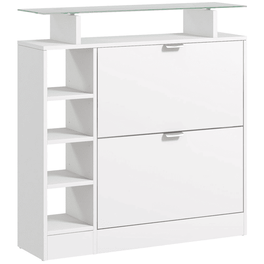 HOMCOM Sapateiro Moderno Sapateiro de Entrada Hall com Gavetas Basculantes, Prateleiras Ajustáveis e Prateleiras Abertas para 12 Pares de Sapatos Sapateiro Estreito para Corredor 89x25x92 cm Branco