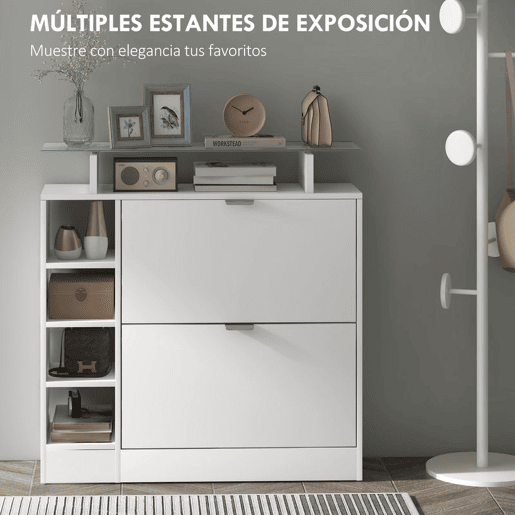 HOMCOM Sapateiro Moderno Sapateiro de Entrada Hall com Gavetas Basculantes, Prateleiras Ajustáveis e Prateleiras Abertas para 12 Pares de Sapatos Sapateiro Estreito para Corredor 89x25x92 cm Branco