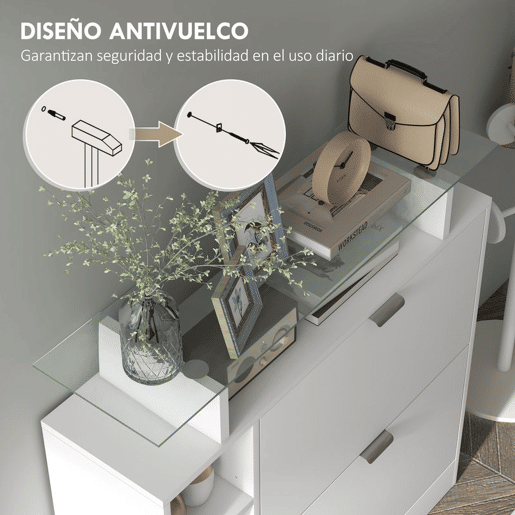 HOMCOM Sapateiro Moderno Sapateiro de Entrada Hall com Gavetas Basculantes, Prateleiras Ajustáveis e Prateleiras Abertas para 12 Pares de Sapatos Sapateiro Estreito para Corredor 89x25x92 cm Branco