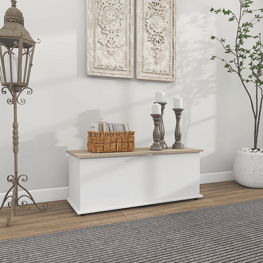 HOMCOM Baú de Arrumação, Banco de Arrumação com Dobradiça de Segurança, Estilo Moderno, para Hall, Quarto, Sala, 100x40x40 cm, Carvalho e Branco