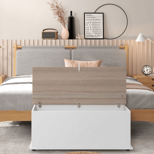 HOMCOM Baú de Arrumação, Banco de Arrumação com Dobradiça de Segurança, Estilo Moderno, para Hall, Quarto, Sala, 100x40x40 cm, Carvalho e Branco