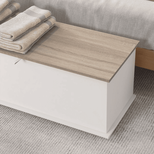 HOMCOM Baú de Arrumação, Banco de Arrumação com Dobradiça de Segurança, Estilo Moderno, para Hall, Quarto, Sala, 100x40x40 cm, Carvalho e Branco