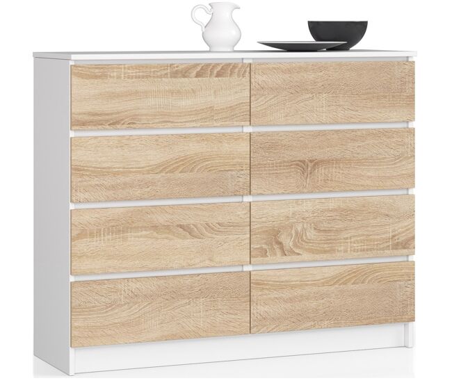 Cómoda akord k120 blanco 120 cm 8 cajones frente en color roble sonoma 120x40x99 cm