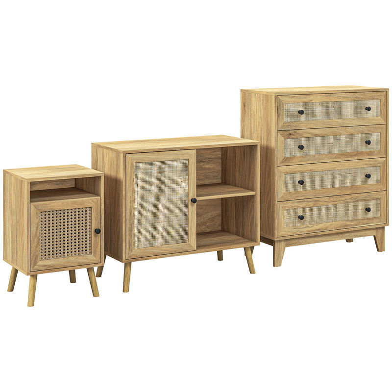 Homcom conjunto para el hogar incluye 1 cómoda con 4 cajones 1 aparador y 2 mesitas de noche con puerta de ratán sintético estilo cannage natural