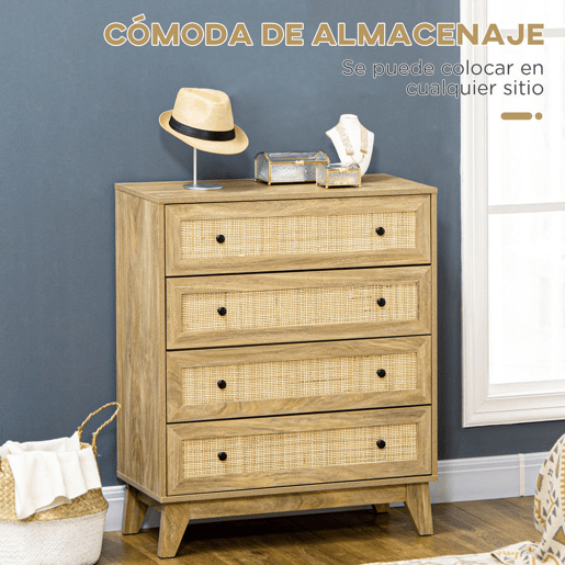 HOMCOM Conjunto para Casa Inclui 1 Cómoda com 4 Gavetas 1 Aparador e 2 Mesas de Cabeceira com Portas de Vime Sintético Estilo Cannage Natural