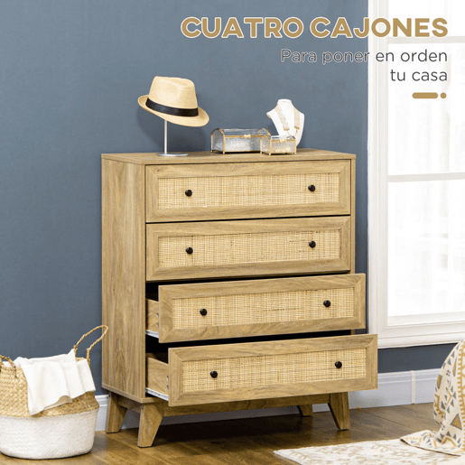 HOMCOM Conjunto para Casa Inclui 1 Cómoda com 4 Gavetas 1 Aparador e 2 Mesas de Cabeceira com Portas de Vime Sintético Estilo Cannage Natural