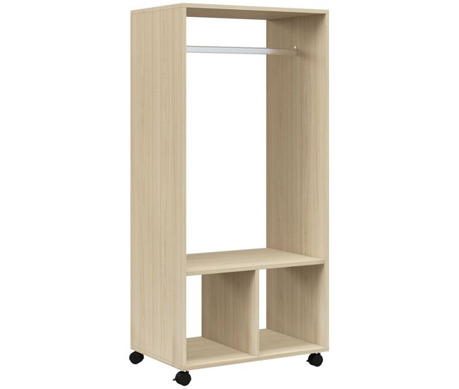 Homcom armario ropero con ruedas armario para ropa con barra estantes abiertos organizador para colgar ropa de dormitorio 60x40x128 cm natural