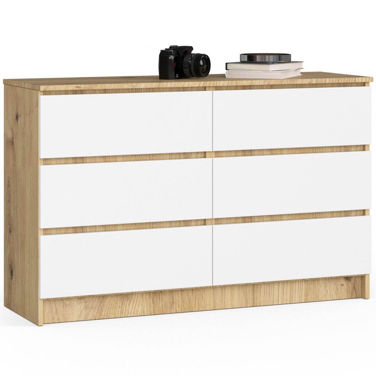 Cómoda akord k120 roble artisan 120 cm 6 cajones frente en color blanco 120x40x77 cm