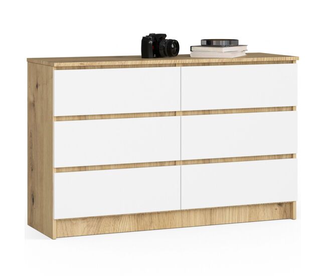 Cómoda akord k120 roble artisan 120 cm 6 cajones frente en color blanco 120x40x77 cm