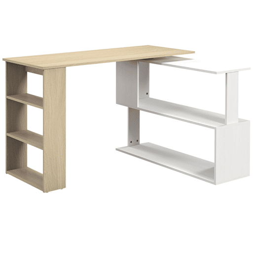 HOMCOM Mesa de Computador Secretária Mesa de Canto Giratória 360° com 5 Prateleiras para Casa Escritório Madeira e Branco
