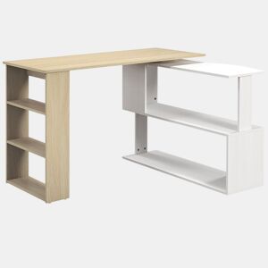 HOMCOM Mesa de Computador Secretária Mesa de Canto Giratória 360° com 5 Prateleiras para Casa Escritório Madeira e Branco