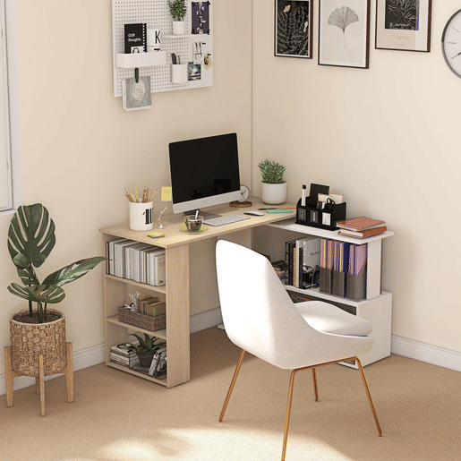 HOMCOM Mesa de Computador Secretária Mesa de Canto Giratória 360° com 5 Prateleiras para Casa Escritório Madeira e Branco