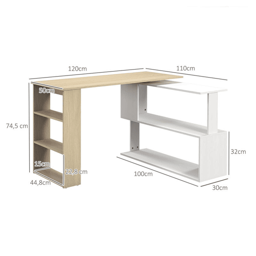 HOMCOM Mesa de Computador Secretária Mesa de Canto Giratória 360° com 5 Prateleiras para Casa Escritório Madeira e Branco