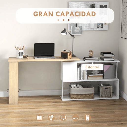 HOMCOM Mesa de Computador Secretária Mesa de Canto Giratória 360° com 5 Prateleiras para Casa Escritório Madeira e Branco