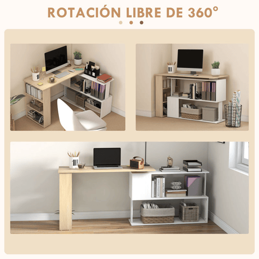 HOMCOM Mesa de Computador Secretária Mesa de Canto Giratória 360° com 5 Prateleiras para Casa Escritório Madeira e Branco