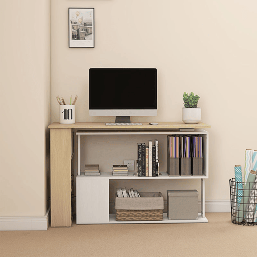 HOMCOM Mesa de Computador Secretária Mesa de Canto Giratória 360° com 5 Prateleiras para Casa Escritório Madeira e Branco