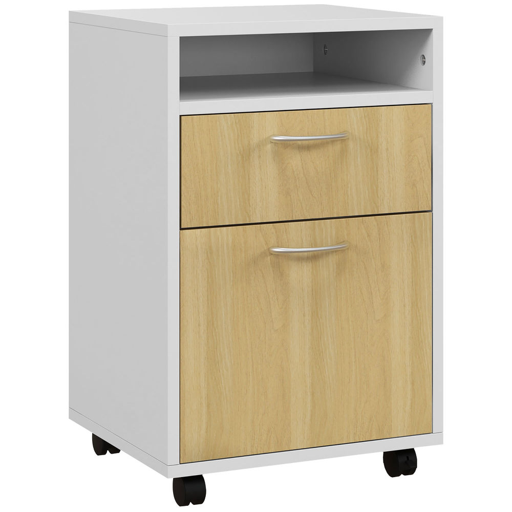 Homcom cajonera de escritorio con ruedas, cajonera de oficina con cajón, compartimento, puerta, archivador móvil para estudio, salón, 40x35x60 cm, natural y blanco