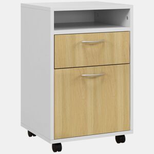 HOMCOM Gaveta de Escritório com Rodas, Armário de Escritório com Gaveta, Compartimento e Porta, Arquivador Móvel para Estudo ou Sala, 40x35x60 cm, Natural e Branco