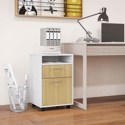 HOMCOM Gaveta de Escritório com Rodas, Armário de Escritório com Gaveta, Compartimento e Porta, Arquivador Móvel para Estudo ou Sala, 40x35x60 cm, Natural e Branco