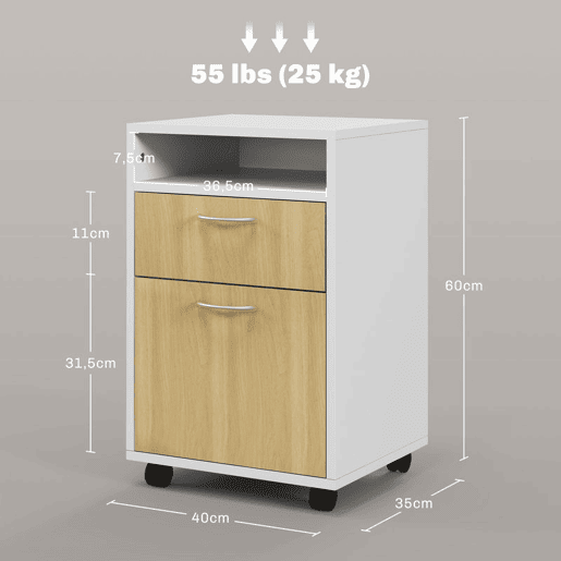 HOMCOM Gaveta de Escritório com Rodas, Armário de Escritório com Gaveta, Compartimento e Porta, Arquivador Móvel para Estudo ou Sala, 40x35x60 cm, Natural e Branco